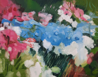 Schilderij, J. Vorkink, Ridderspoor, 1982